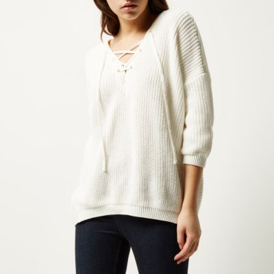 Cream knitted lace-up jumper